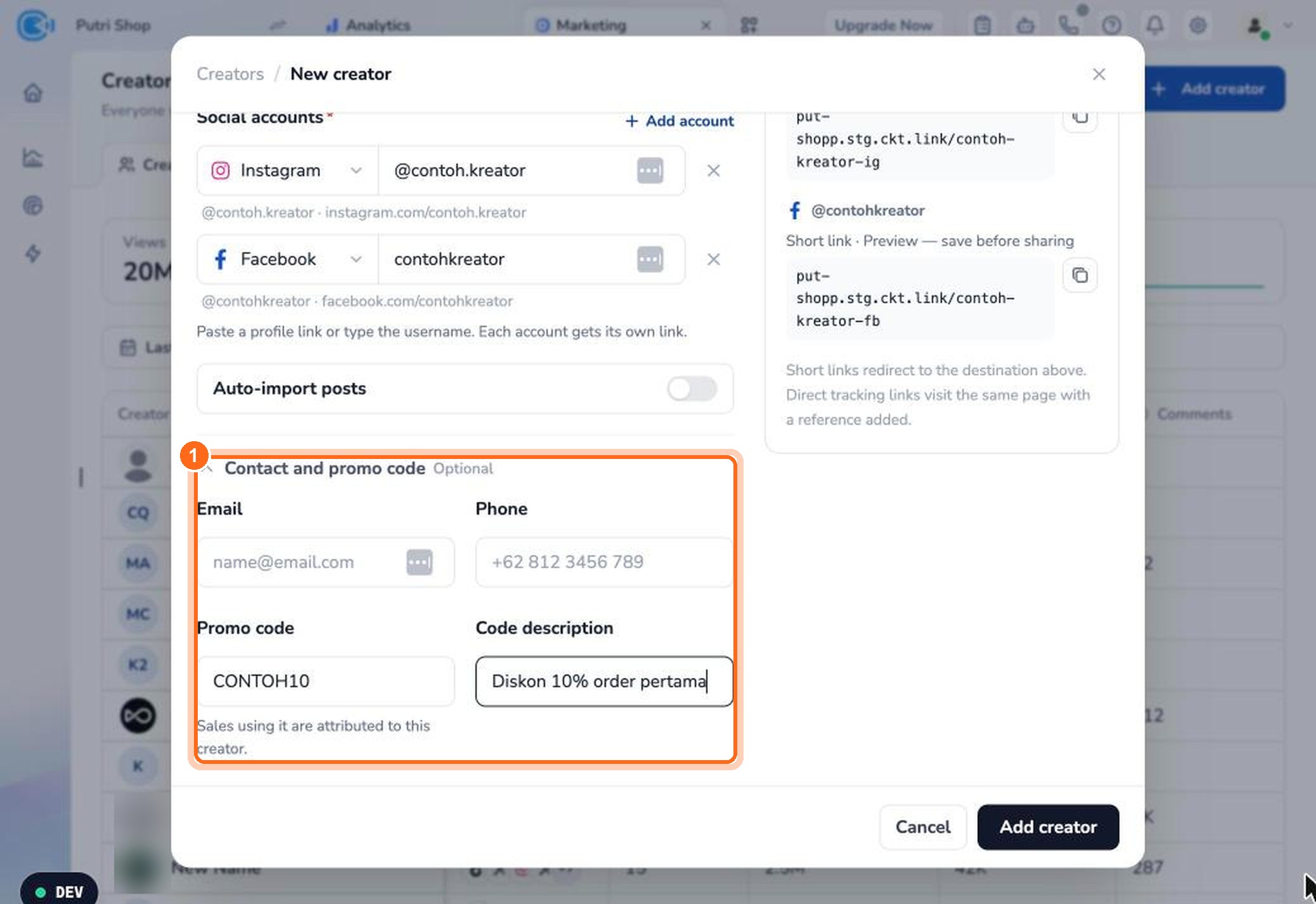 Figure 4. Enter the email, phone, promo code, and code description (1).