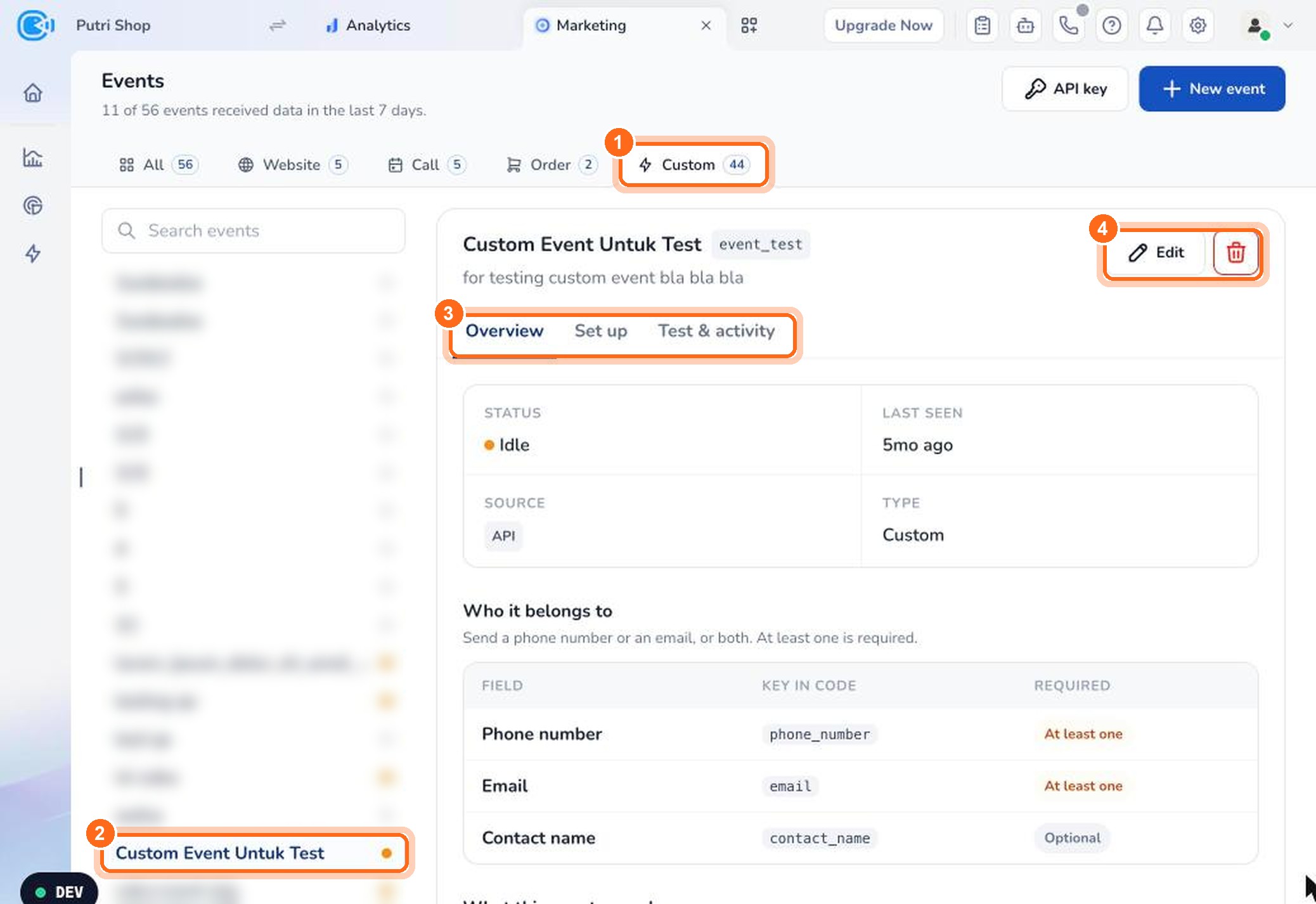 Figure 1. Open the Custom tab (1), pick an event (2), open a detail tab (3), or Edit/delete the event (4).