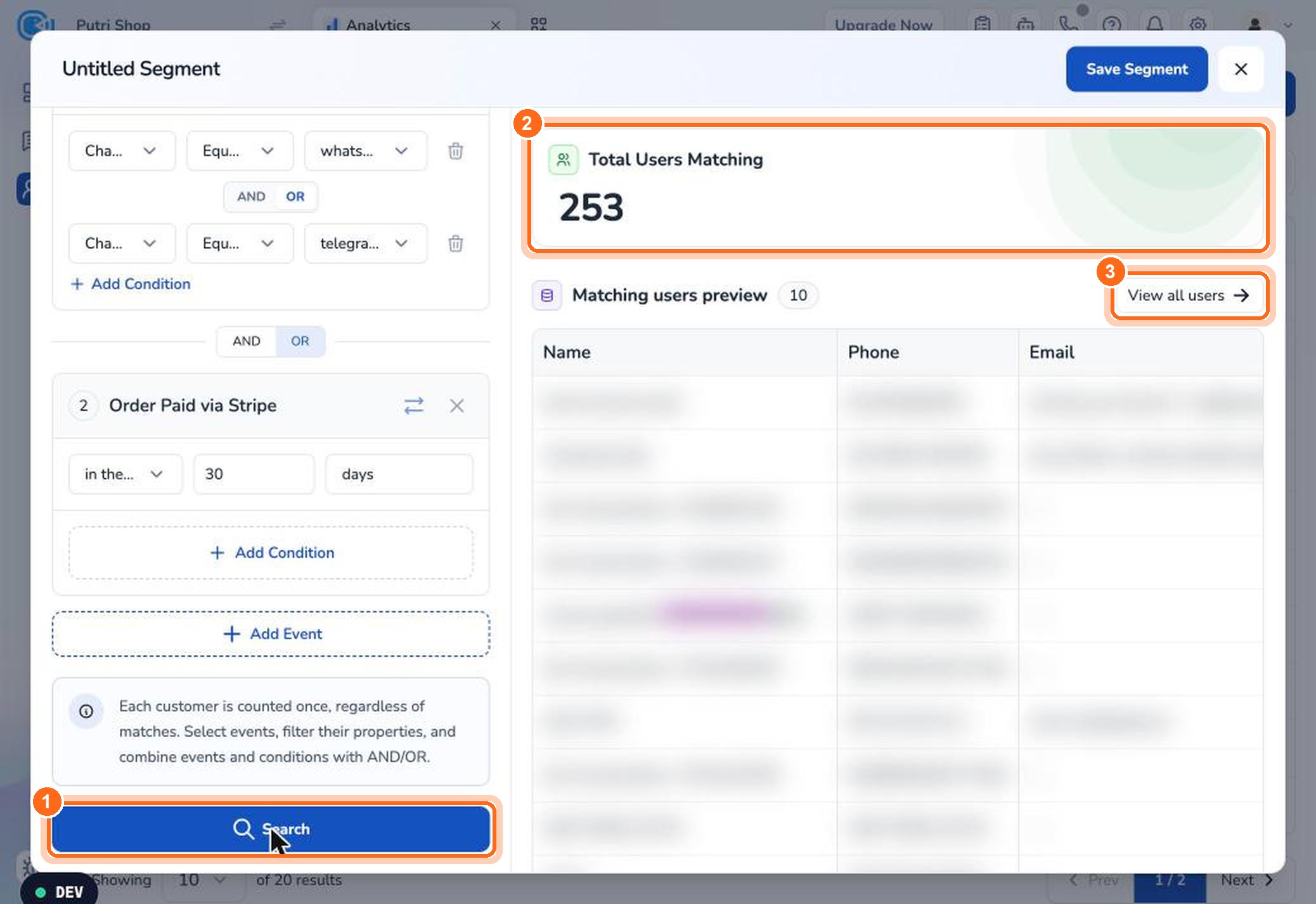 Figure 17. Click Search (1), check Total Users Matching (2), and open View all users (3).