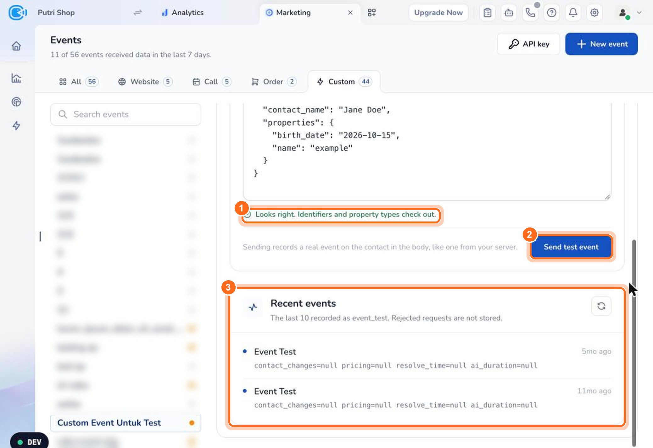 Figure 7. Make sure the payload is valid (1), click Send test event (2), then check Recent events (3).