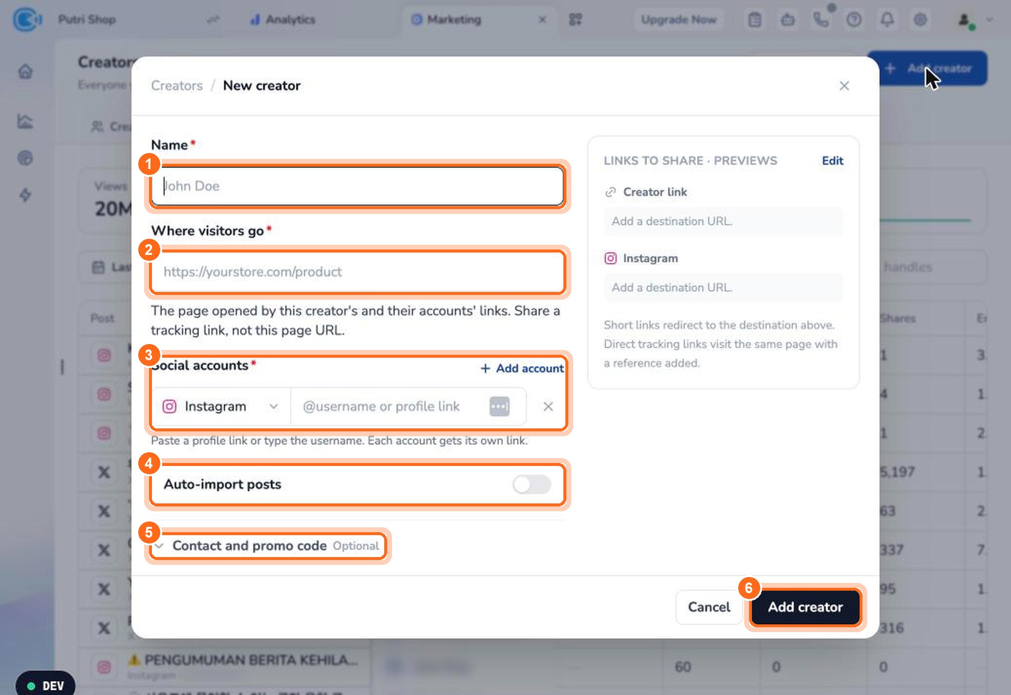 Figure 2. Enter the name (1) and destination page (2), add social accounts (3), set auto-import (4) and optional details (5), then click Add creator (6).