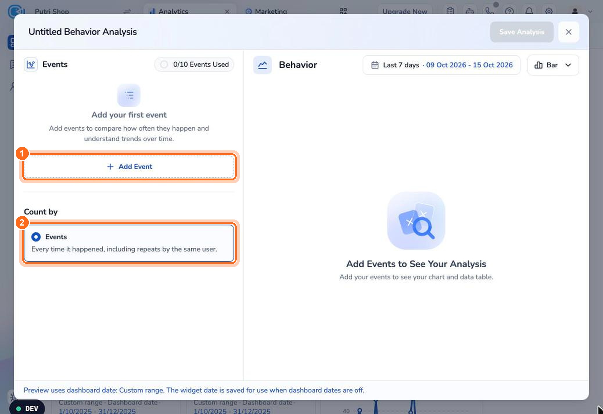 Figure 15. Click Add Event (1). Behaviour counts every time an event happens (2).