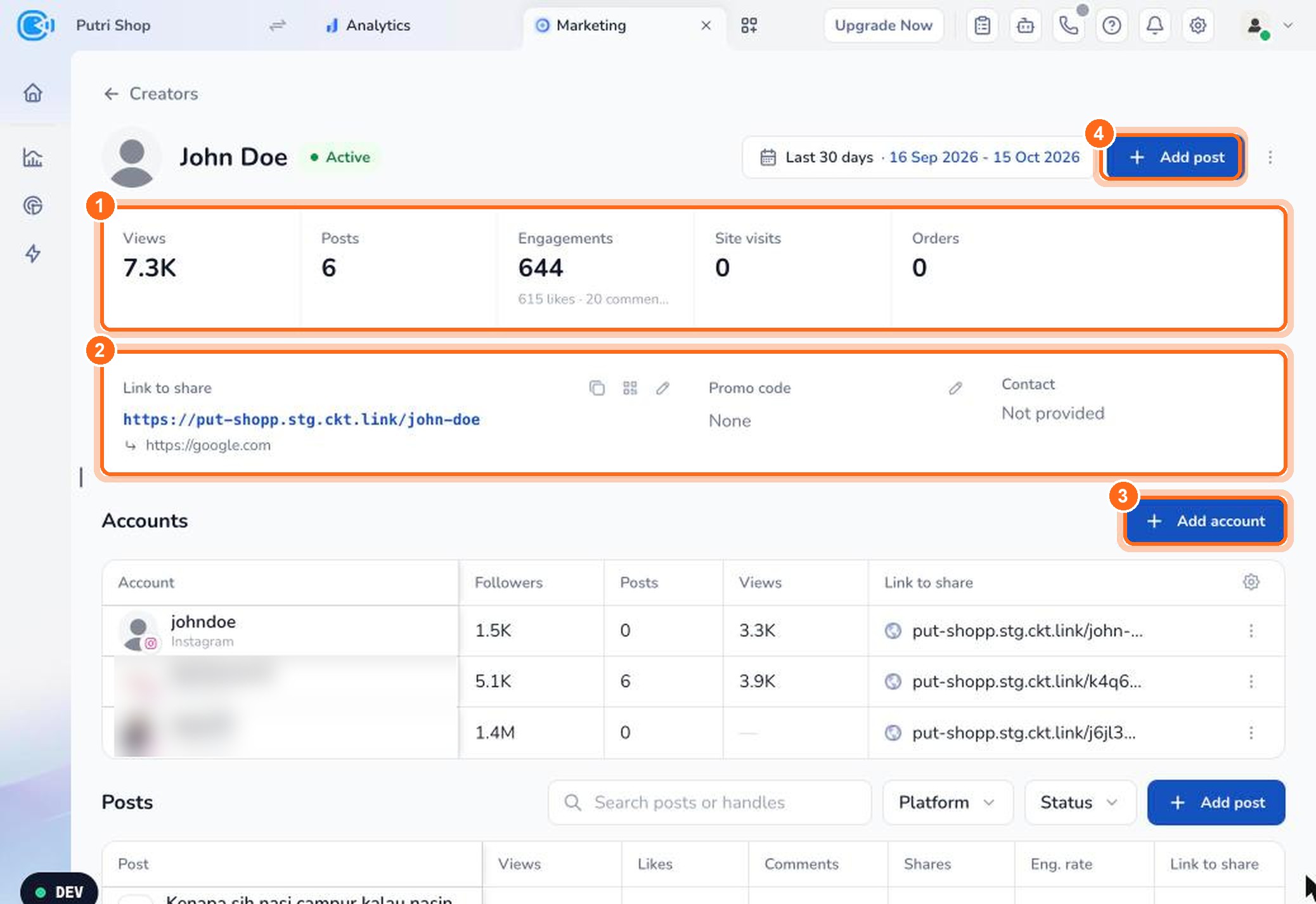 Figure 5. Creator metrics (1), link, promo code, and contact (2). Add an account (3) or a post (4).