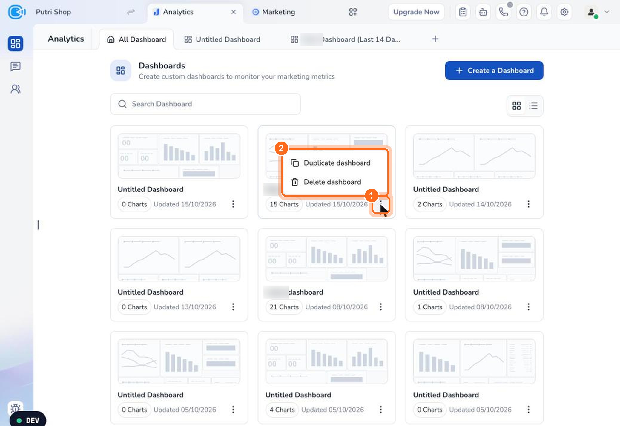 Figure 2. Click the ⋮ icon on a card (1), then choose Duplicate dashboard or Delete dashboard (2).