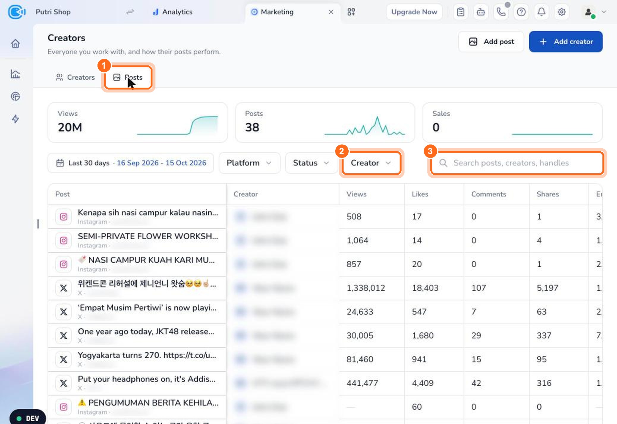 Figure 11. Open the Posts tab (1), filter by creator (2), or search posts (3).