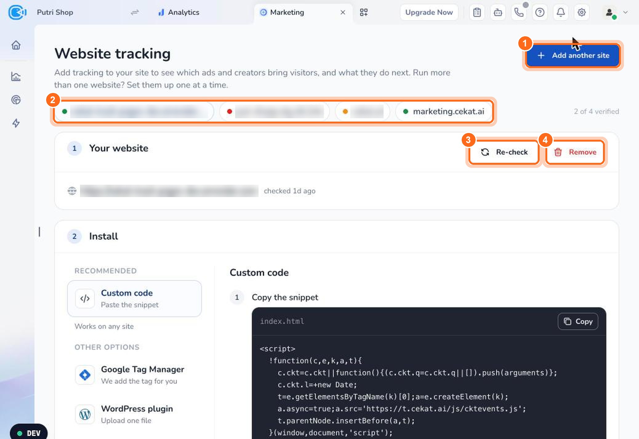 Figure 1. Add a website (1), pick the website to check (2), then click Re-check (3) or Remove (4).