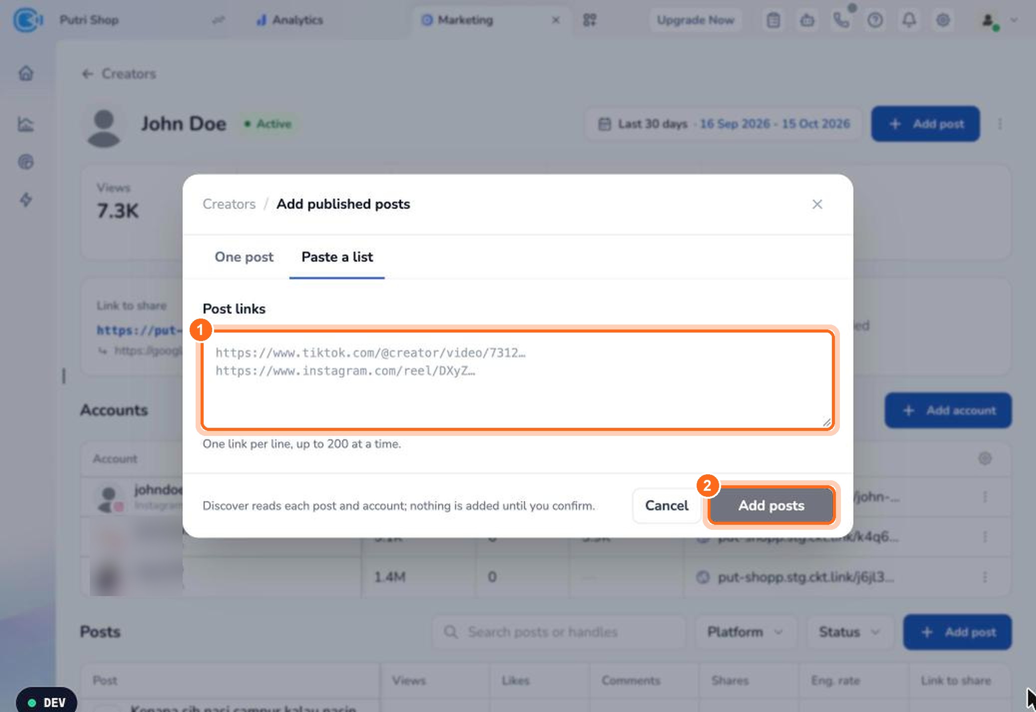 Figure 10. Paste several post links, one per line (1), then click Add posts (2).