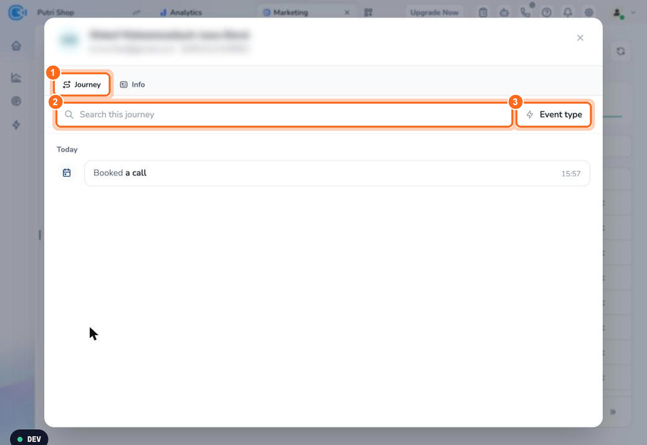 Figure 6. The Journey tab (1) shows the contact's activity. Search activity (2) or filter by event type (3).