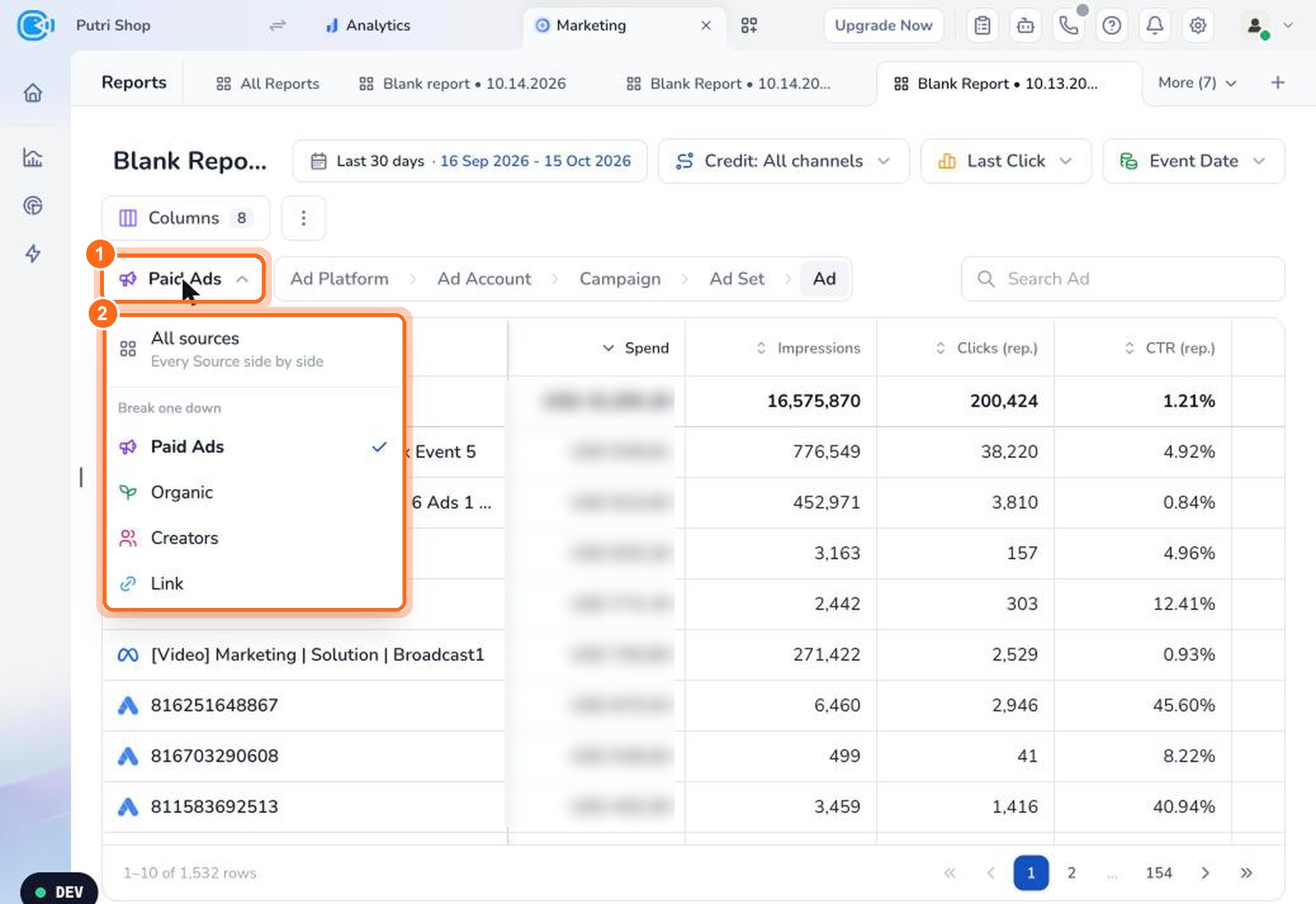 Figure 2. Click the source picker (1), then choose All sources or a single source (2).