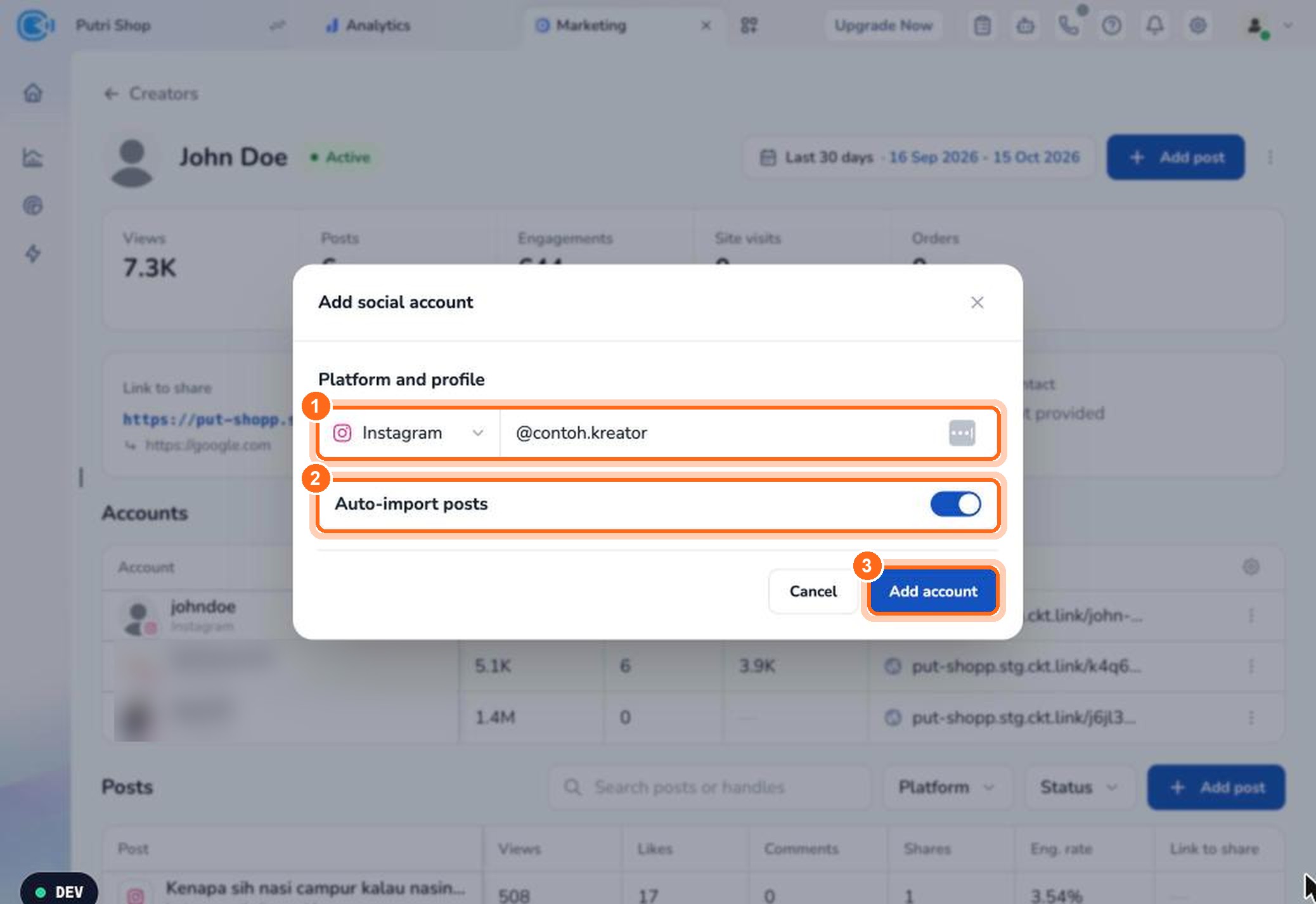 Figure 8. Platform and profile (1), Auto-import posts (2), then click Add account (3).