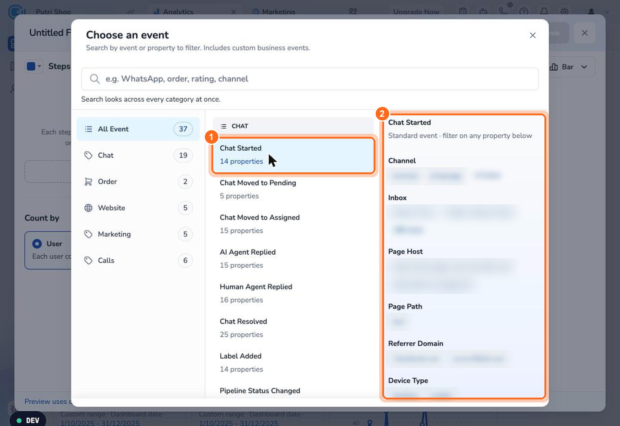 Figure 10. Click an event (1) to see its properties and sample values (2), then click Add Event.