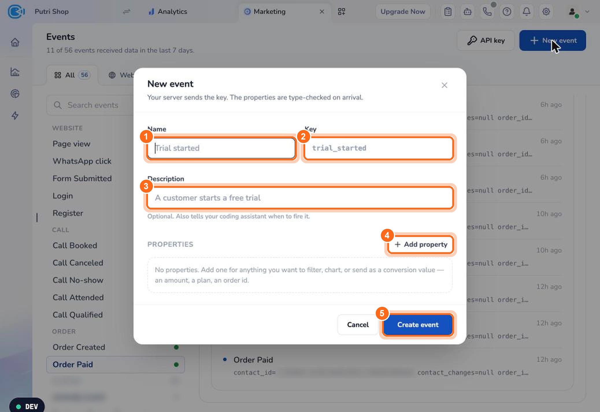 Figure 3. Enter the name (1), key (2), and description (3), add properties (4), then click Create event (5).