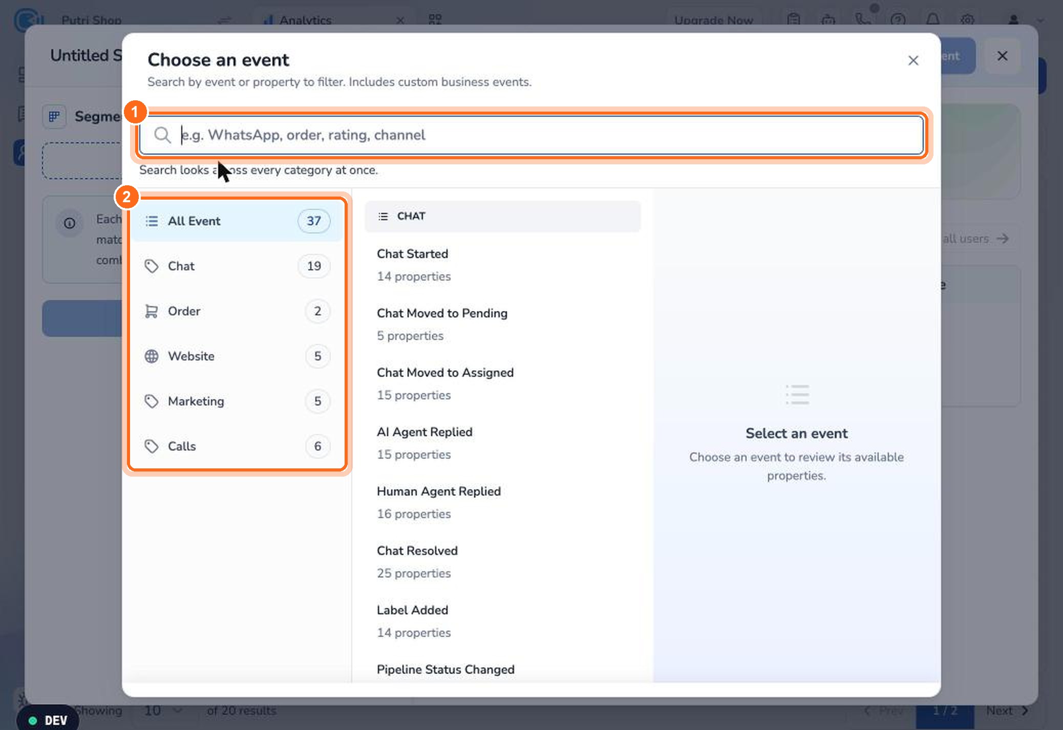 Figure 9. Search for an event (1), or browse by category (2).