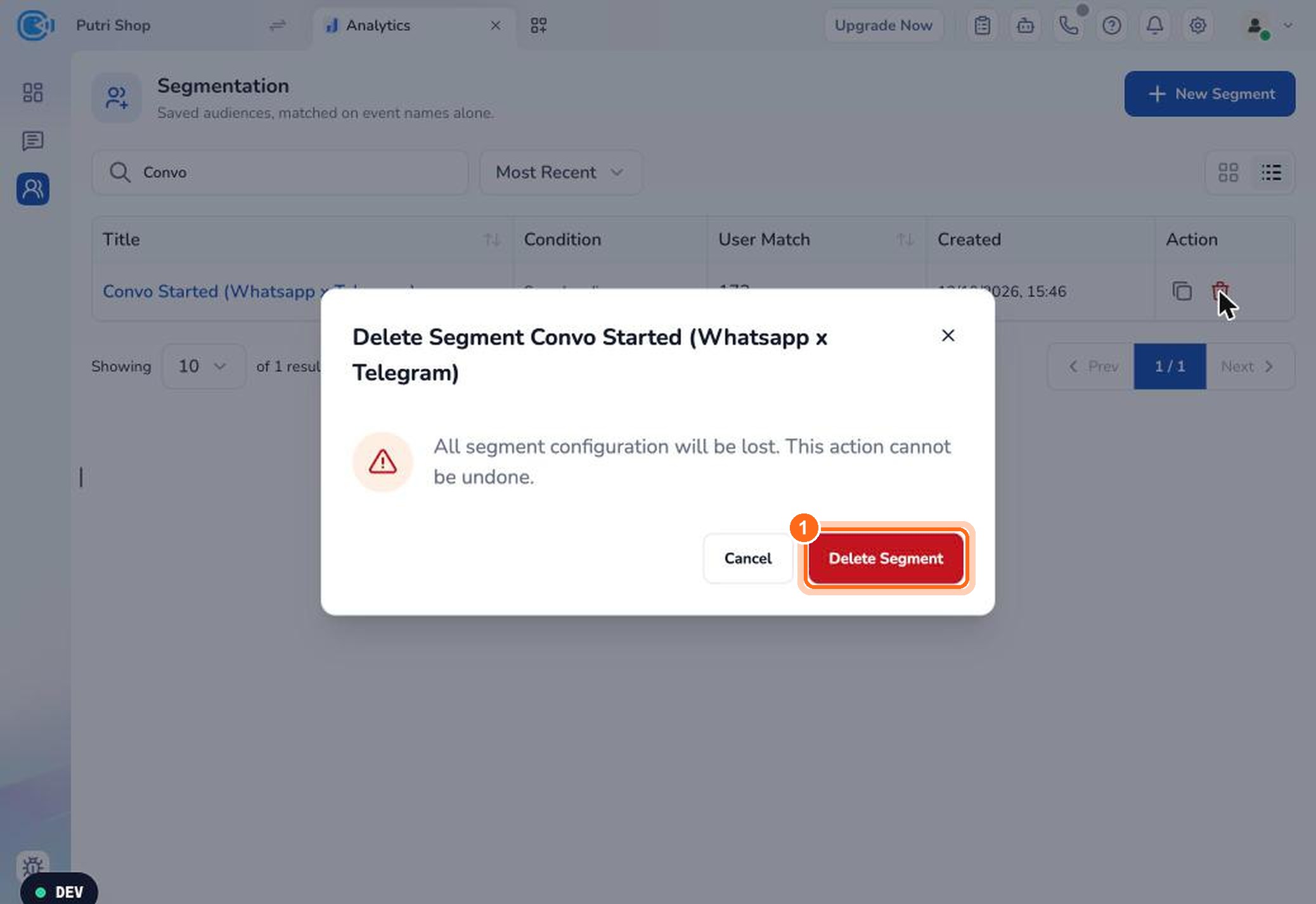 Figure 5. Click Delete Segment to confirm. A deleted segment can't be restored.