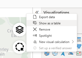 A screenshot of the Show as a table menu item in the context menu of the Visualizations window of the Power BI plugin