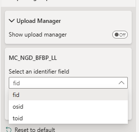 screenshot showing the appearance of the Upload Geospatial Data settings pane after uploading a file named "MC_NGD_BFBP_LL" with three unique columns named fid, osid, and toid