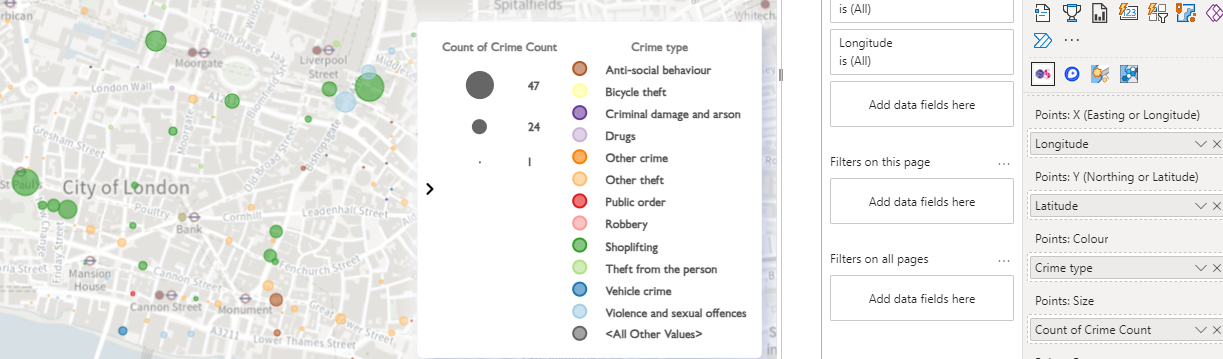 A Power BI visualisation showing categorical data used with point size variation. Image shows crime type data displayed on the map with point size variation used to show variance in the count of crime data