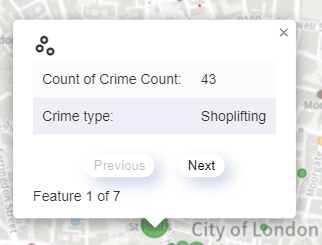 A screenshot of point data filtered by crime type within the visualisation in Power BI.