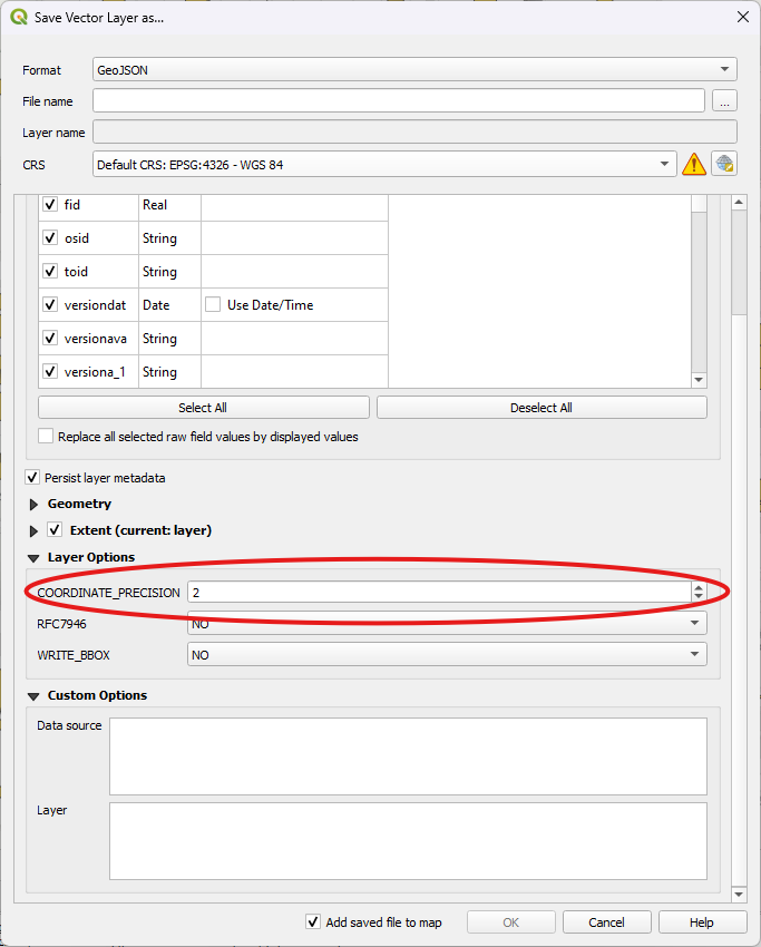 A screenshot of the Save Vector Layer as window showing COORDINATE_PRECISION circled in the Layer Options dropdown.