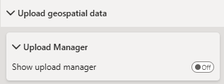 Screenshot of the Upload Geospatial Data field in the Format Visual window showing the 'Show upload manager' setting toggled off.