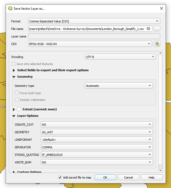 A screenshot of the Save Vector Layer as dialog box in QGIS