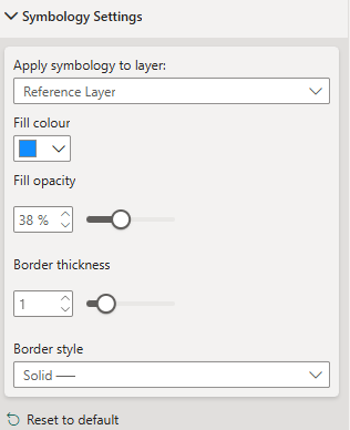 A screenshot of the symbology settings pane showing colour, opacity, and border thickness settings applied to the Reference Layer