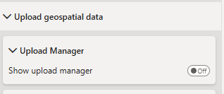 A screenshot of the Upload geospatial data tab showing the Upload Manager option toggled to off