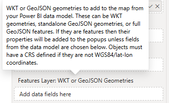 Screenshot of the 'Features Layer:WKT or GeoJSON Geometries' field in the Power BI plugin showing the field dialog active.