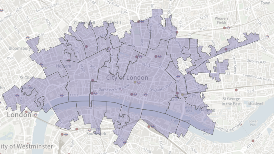 An example of polygons displayed on a background map within the OS Power BI Map Visual. Image shows an area of London with polygons overlayed showing wards around the area of the City of London