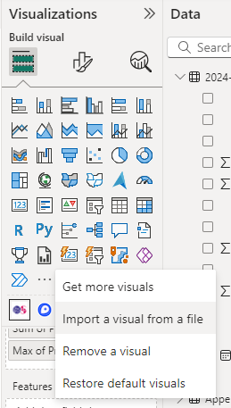 Importing a visual using the OS Maps plugin from the Power BI visualizations pane. Image shows the 'Import a visual from a file' option highlighted from the context menu of the OS Maps for Power BI Visualisation plugin.