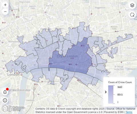 An example of data mapped onto an OS background map using OS Power BI Map Visual. Image shows crime data for the City of London displayed as shaded areas on top of a light background map.