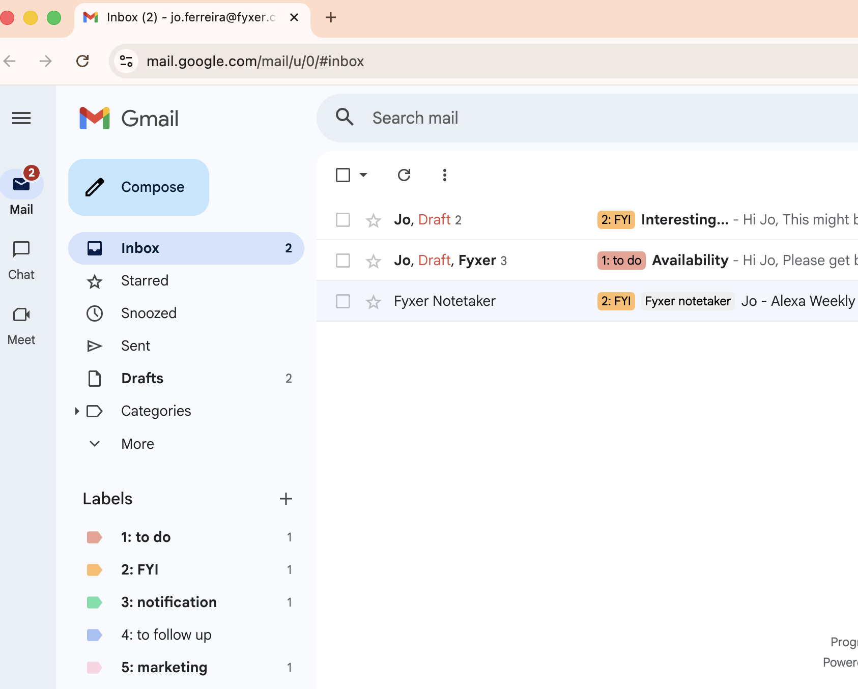 Screenshot of a Gmail inbox, with FYI and To do labels showing on emails in inbox.